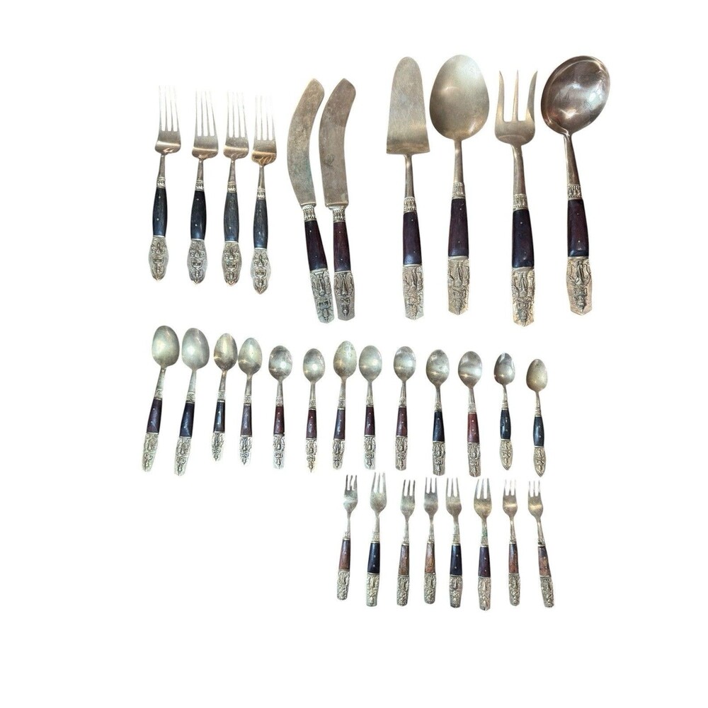 Vintage Teak Nickel Bronze Flatware Serving Set Siam Thailand 31 Pieces Buddha